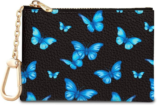 Blue Butterfly Keychain Coin Purse for Women, Small PU Leather Change Pouch, Zipper Little Tiny Travel Wallet for Girls, Cute Kawaii Zip Pocket Coin Holder with Key Ring