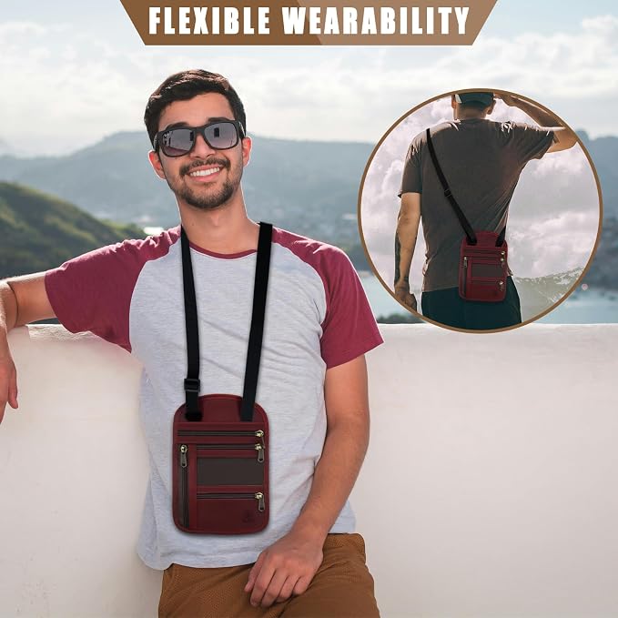 Ringsun Genuine Leather Passport Holder For Travel, RFID Blocking Slim Neck Wallet with Adjustable Strap for Women and Men, Travel Essentials to Keep Cash, Credit Cards and Documents Safe, Red