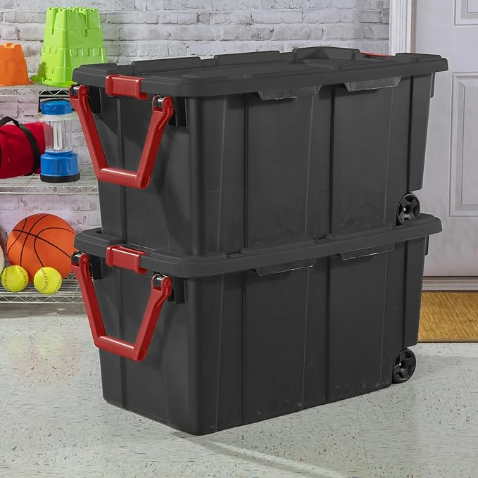 40 Gallon Plastic Storage Box, Wheeled Industrial Tote, Pack of 2