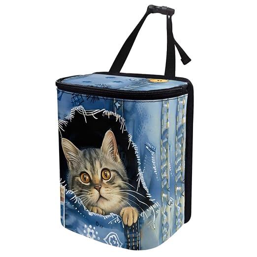 Biyejit Denim Cat Print Car Rubbish Storage Reusable Car Trash Can for Car SUVs Vans, Car Trash Bag Bin Hanging Automotive Car Garbage Cans Leak Proof Vehicle Trash Can