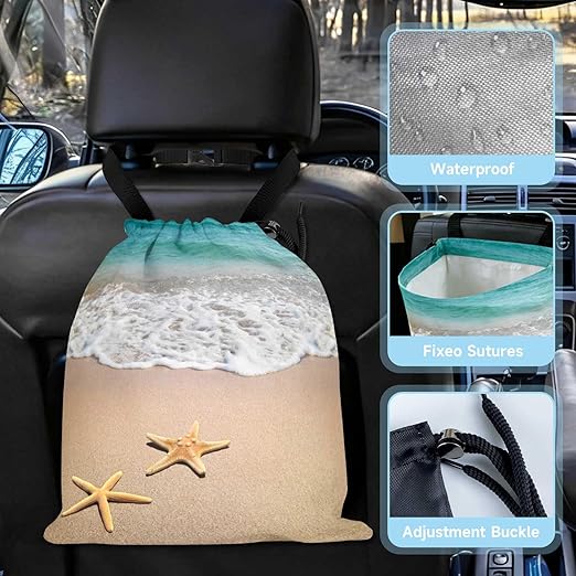 Beaches and Starfish Car Trash Bag - Waterproof Car Trash Bag Hanging Leakproof Car Garbage Bag - Washable Reusable Trash Bag For Car Interior Hanging Organizer Storage Vehicle Travelling Camping