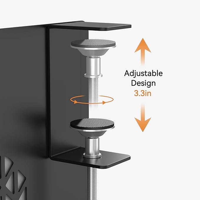 Desk Side Storage, Metal Laptop Holder with Magnetic Pen Box, Clamp-On Under Desk Organizer with Cooling Holes & Anti-Scratch Pads for Office and Home (Black)