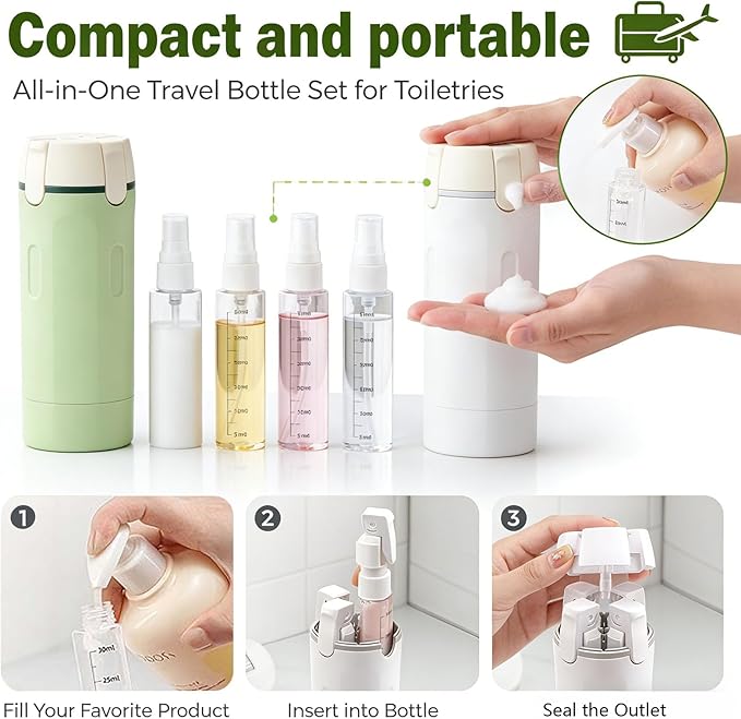 4 in 1 Travel Dispenser Bottle Leakproof Refillable Travel Bottles for Toiletries Portable Travel Size Containers for Shampoo Lotion Cosmetics Travel Essentials for Women Men (White)