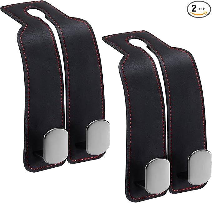 2 Pack Double Car Purse Hook Holds Up to 25 kg / 55 lbs XL Faux Leather with Durable Metal Hook (2.7x2cm) – Perfect Headrest Hooks for Car to Organize Bags and Essentials (Black)