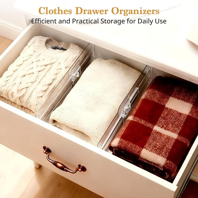 4 Pack Drawer Dividers for Clothes, 4" High 10.6"-16.9" Drawer Divider Adjustable Expandable Dresser Drawer Organizer, Clear Dresser Separators for Clothes, Underwear, Baby Clothes,Cosmetic,Toiletries