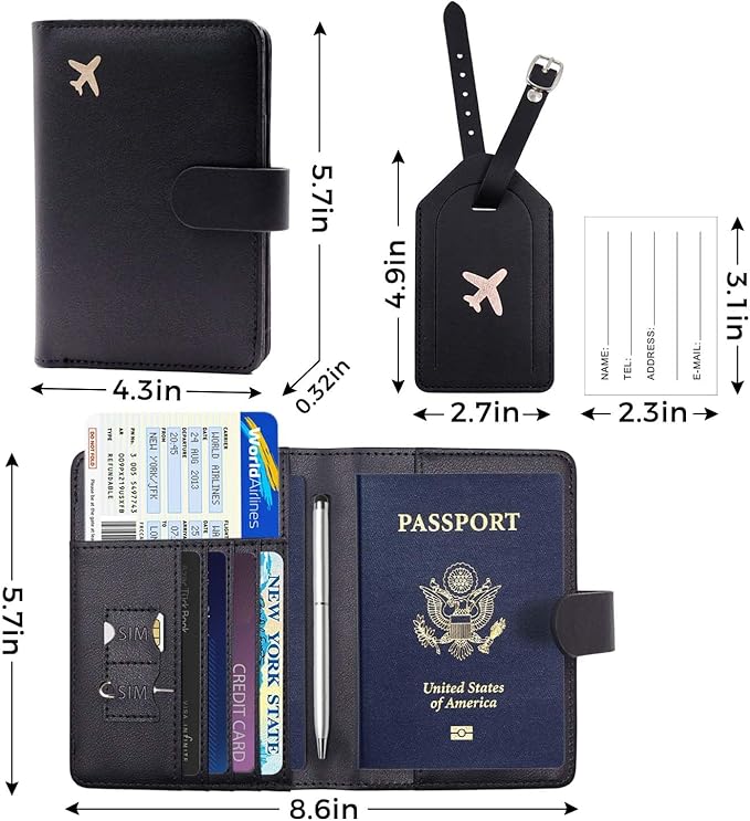 Melsbrinna Rfid Passport Holder for Travel women/Men Set Travel Suitcase Tag, Cute Passport Wallet Rfid Blocking Card Slots, Rfid Passport Cover/CaseTravel Wallet (new black)