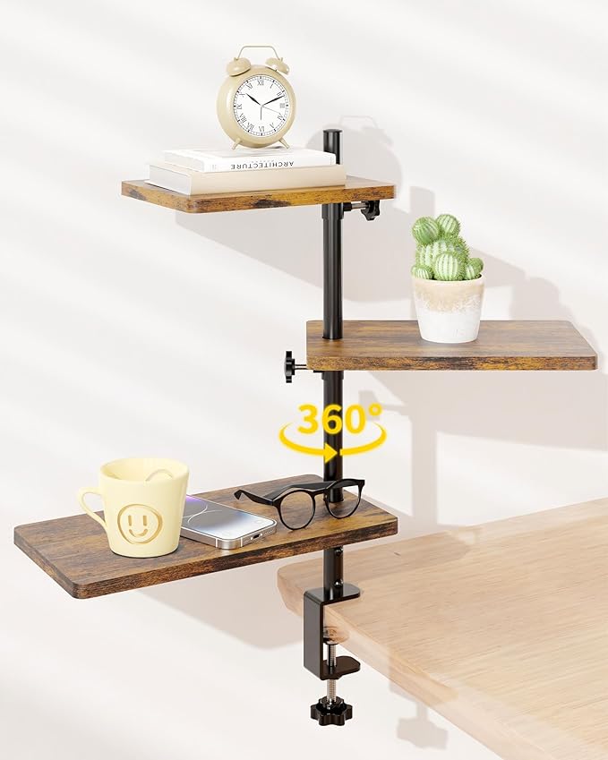 3 Tiers Clamp On Desk Shelf, 360° Angle Adjustable Desktop Shelf Organizer for Home Office Gaming Room, No Drill Desk Extender Adapt to 0.4-2.16 inches Table Thick, Black Brown