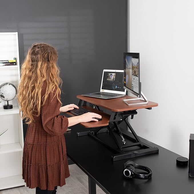 VIVO 32 inch Desk Converter, K Series, Height Adjustable Sit to Stand Riser, Dual Monitor and Laptop Workstation with Wide Keyboard Tray, Dark Walnut Top, Black Frame, DESK-V000KA