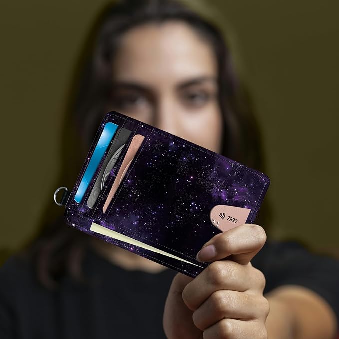 Small Travel Wallets, Purple Galaxy Slim Minimalist Front Pocket Wallet with Wristlet, RFID Blocking PU Leather Credit Card Holder with ID Window Change Purse for Men Women