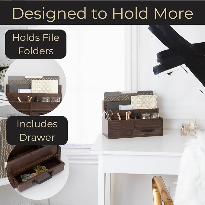 BLU MONACO | Wooden Mail Organizer with Drawer and Pen Holder | Mail Sorter Organizer Countertop for Desk or Kitchen | Outgoing Mail Holder Wood Desktop Storage