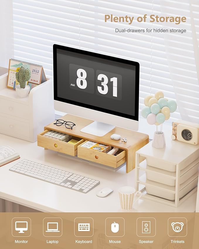 Ufine Bamboo Monitor Stand with 2 Drawers Desktop Organizer Computer Screen Laptop Riser Ergonomic Height for Home Office
