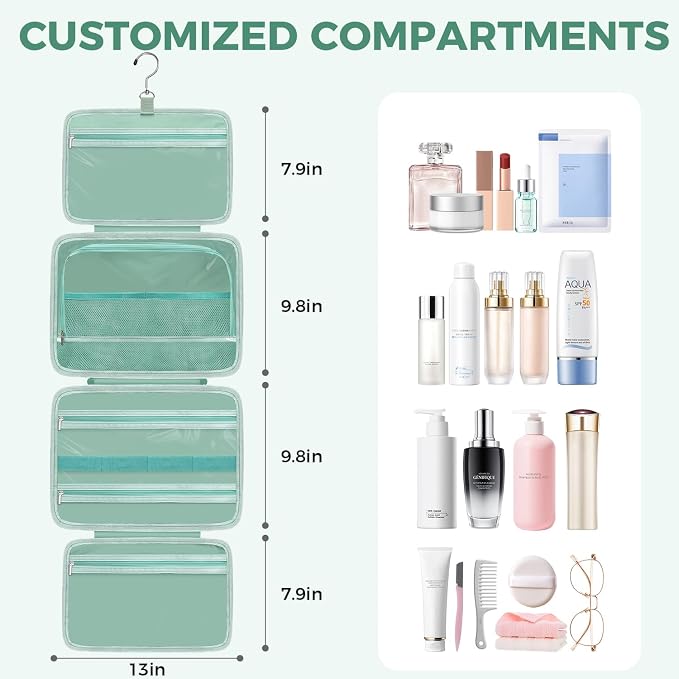 Toiletry Bag for Women, Portable Hanging Organizer, 4 Leakproof Compartments for Full-Sized Conditioners, Brush Sets, Makeup Accessories, Visible and Easy to Access, L, mint