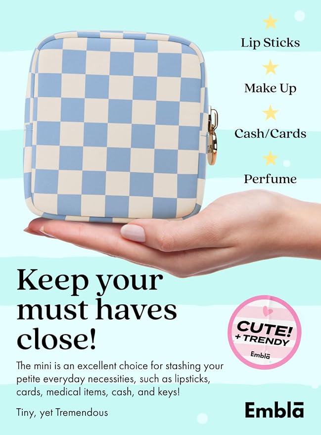 Embla Makeup Bag Travel Cosmetic Bag, Toiletry Bag, Cute Makeup Organizer, Nylon Zipper Pouch Purse Storage Bag Cosmetics Organizer, Womens Make Up Bag Mini Makeup Bags (Sky Checkered)
