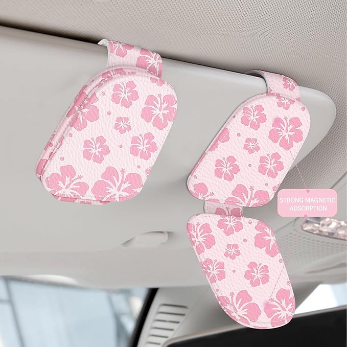 2 Pack Magnetic Leather Sunglass Holder, Universal Magnetic Car Eyeglass Hanger Clip for Different Size Eyeglasses, Car Visor Accessories (Hibiscus Flower)