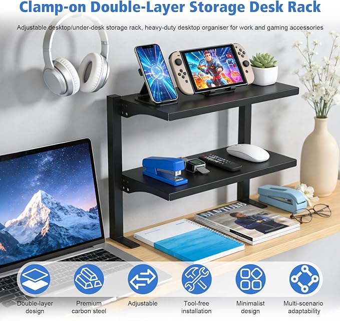 Clamp On Desk Shelf 2 Tier Office Desk Shelves Organizer, Adjustable Above or Under Desk Storage Shelves, Tabletop Book Storage Rack Heavy Duty Desktop Organizer for Working and Gaming Accessories