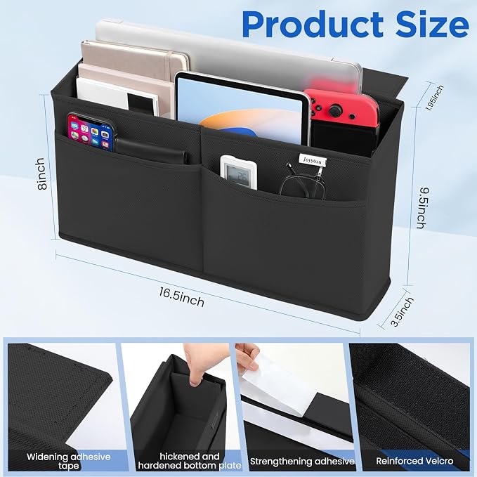 2 Pack Desk Side Hanging Organizer, Adhesive Storage Bag with Pockets for Magazine Ipad Notebook, for End Tables Home Office Desks Computer Workstations Dressing Table, Black