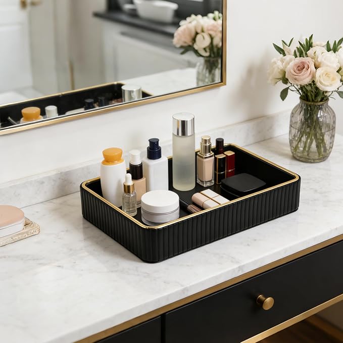 PU Leather Valet Tray,Desk Organizer Tray Nightstand Organizer Trinket Dish Storage Key Bowl Decorative Trays for Phone Wallet Jewelry Watch,Bathroom Bedroom Perfume Vanity Trays,Black