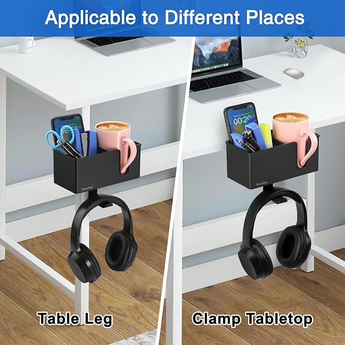 Rosyline 3-in-1 Desk Cup Holder & Clip-on Cup Holder, Clip on Desk Organizer – with Anti-Spill Function, Keeps Your Coffee, Headset, Phone & Pens Within Easy Reach, for Office Desk (Black)