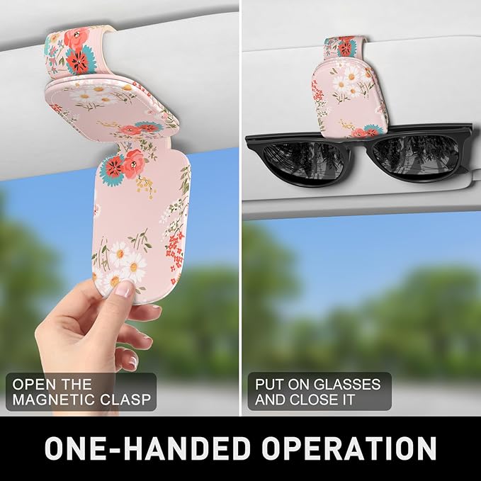 Sunglasses Holder for Car Visor, Magnetic Leather Car Sunglass Holder, Car Sun Visor Glasses Hanger Clip, Car Interior Accessories for Women Men, Fits All Size Eyeglasses