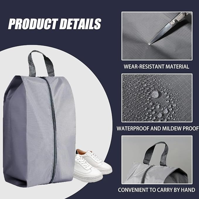 5Pcs XL Travel Shoe Bags Portable Travel Gifts Shoe Organizer with Zipper Closure, Waterproof Nylon Shoe Storage Organizer with Handle Travel Bags For Men and Women, Grey