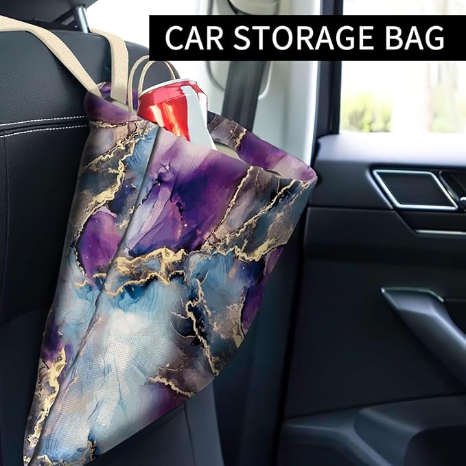 Car Trash Can, Cute Car Trash Bag, Hanging Car Organizer and Storage Bag, Trash Bin for Car Accessories, Vehicle, Travelling, Camping Luxury Purple Blue Marble