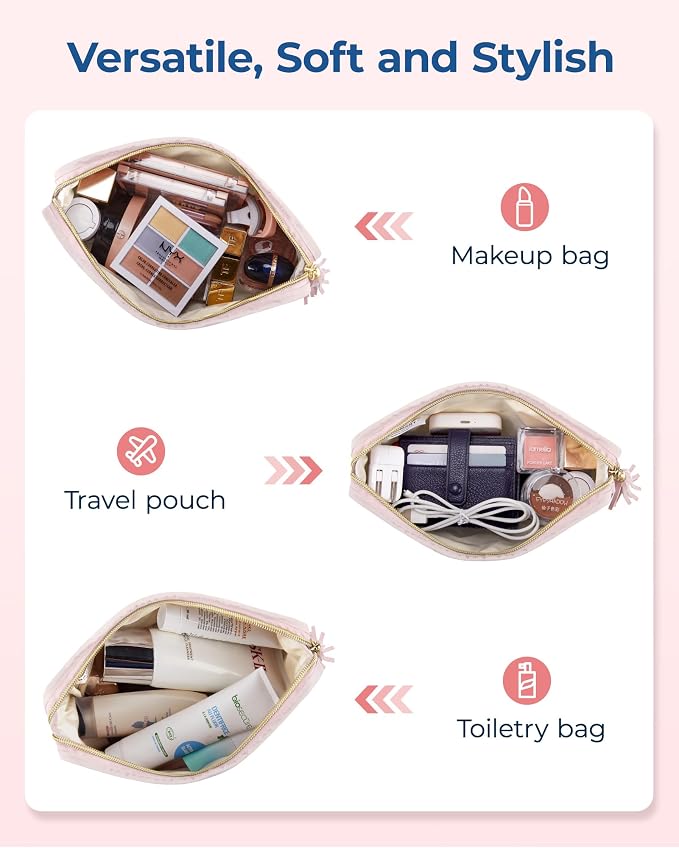 BAGSMART Makeup Bag Travel Cosmetic Bag,Puffy Make Up Bags for Women Double Layer Makeup Organizer Case,Wide-open Pouch Purse Storage Travel Essentials Toiletries Accessories Brushes,Pink