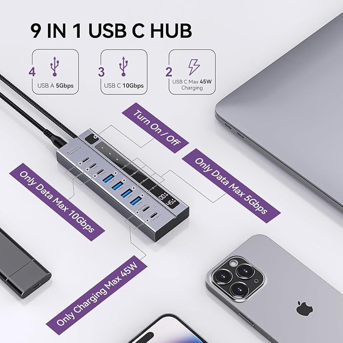 Minisopuru 9 in 1 Powered USB C Hub – Support Max 45W Charging with 72W Power Adapter, 10Gbps Data Transfer, USB-C Powered Hub for Laptop, MacBook,iPad (Not for Monitor)