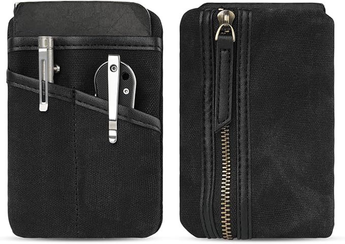 SAYRAM SP9 Pocket Organizer, Waxed Canvas EDC Pouch, Zipper Pocket Organizer Pouch for Men, Slim EDC Organizer for Coins, Notebook, Multitool, Tactical Pen