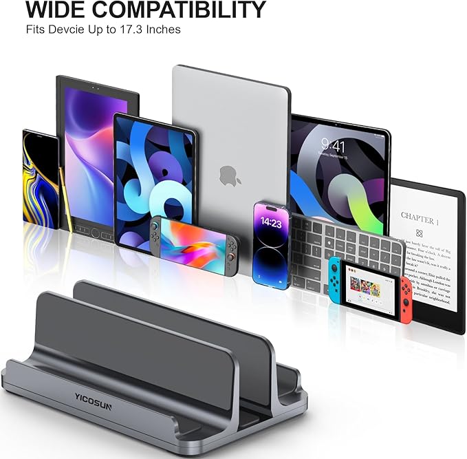 3-Slot Aluminum Vertical Laptop Stand for Desk - Adjustable Width Dock for MacBook, Surface, Samsung, HP, Dell up to 17.3 inches - Space-Saving & Protective Design - Gray