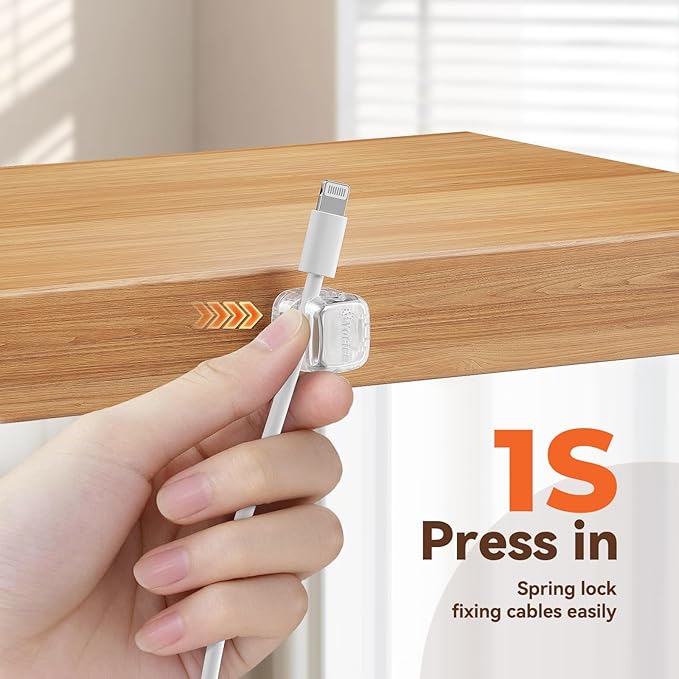 6Pack Rotatable Cord Organizer,Spring Cable Clips Desk Cable Management Cord Holder Adhesive Phone Charger Cord Clips for Home Office Car Wall Nightstand Accessories, Clear