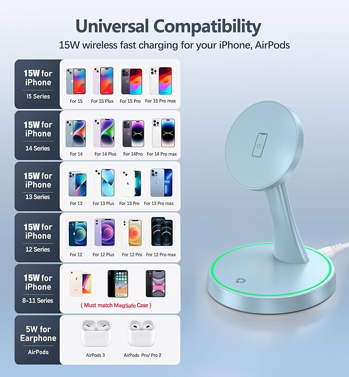Magnetic Wireless Charger Stand 15W Fast Magnetic Charger for iPhone 17 /17 pro/ 17 Air/ 17 pro max 16/15/14/13/12 Series Magnet Wireless Charging Station/Pad with Sleep-Friendly Light for AirPods