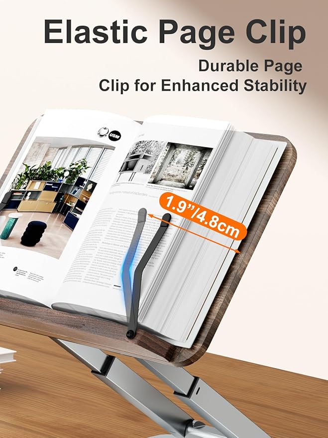 Tounee Book Stand for Reading, Telescopic Book Holder, Adjustable Height Pull Out Design Ergonomic Cookbook Stand with Elastic Page Clips Fits All Books