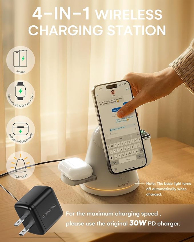 ZEEHOO 3 in 1 Charging Station for Apple Devices,Qi2 Mag-Safe Charger Stand&Light,Fast Wireless Charging Station for iPhone 17/16/15/14/13/12&AirPods&iWatch&Pixel 10& Samsung Galaxy Watch-30W Adapter