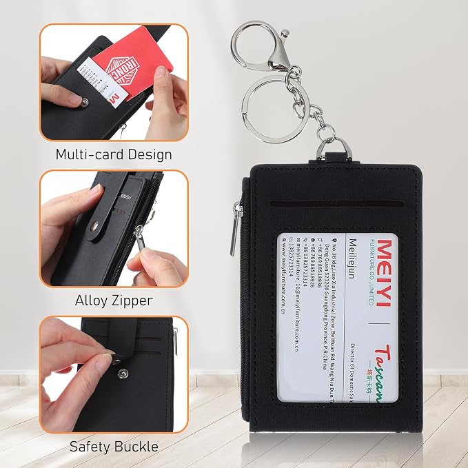 Slim Keychain Card Holder for Men, Black Zipper Slim Minimalist Wallet with Id Window Front Pocket Keychain Card Holder for Men & Women