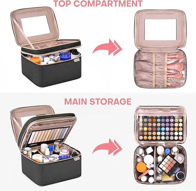 HXLGMD Large Makeup Bag with Mirror Double Layer Travel Make Up Organizer Case, Large Capacity Coemetic Bag with Brush Slot Divider