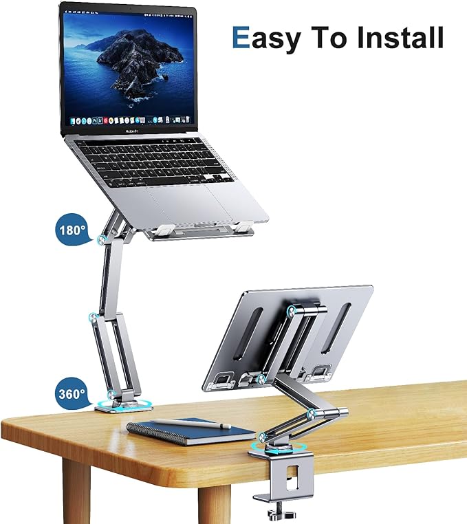 Laptop Mount for Desk, Tablet Arm Mount with 360° Rotating, Aluminum Laptop Tray Adjustable, Foldable Computer Stand/Holder, Fit for 11-15 Inch Laptops (Silver)