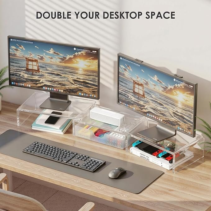 OPNICE Clear Acrylic Desk Organizers and Accessories, Dual Monitor Stand Riser with Drawer, Desk Shelf Computer Racks for Office Workspace Organizers, Desktop Organization (Transparent)