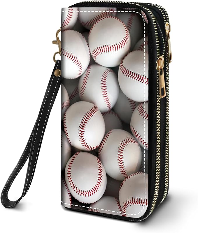 Women's Large Capacity Wallet PU Leather Double Zipper Clutch Purse Multifunctional Wallet with Removable Wristlet Strap for Smart Phone/Coin/Card/Cash, Baseballs