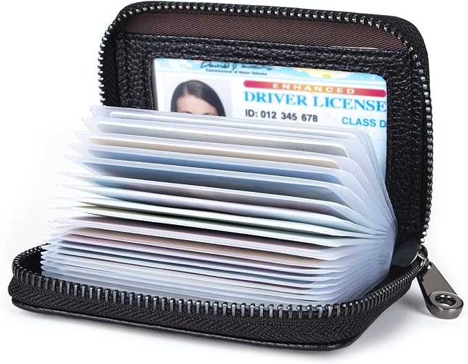 Suweibuke Genuine Leather Credit Card Holder Zipper Wallet RFID Blocking Secure Card Case ID Case Organizer (Classic-Black Pebbled Genuine Leather)
