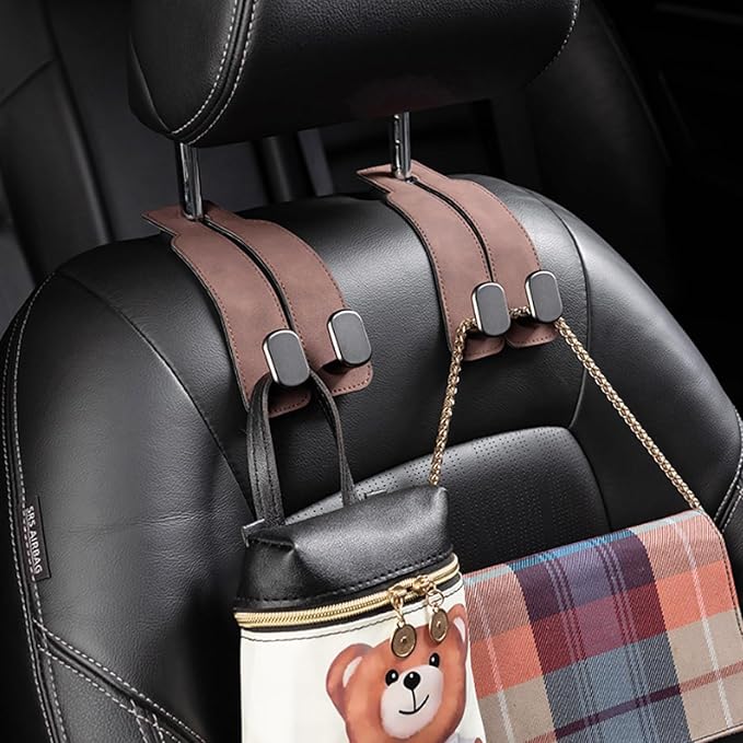 Amelity Car Headrest Hooks, Purse Hook for Vehicle 4 Pack Brown | Universal Car Interior Accessories for Women, Available in 2/4 Pack, Storage Hanger Holds Purses, Backpacks, Grocery Bags