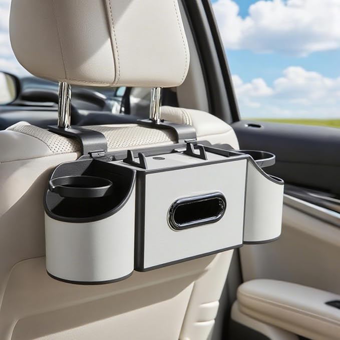 Back Seat Car Organizer,4 in 1 Multifunctional Car Back Seat Storage Box with Drink Cup Holder Tissue Box, for Hold Phone,Snacks, Drinks, Handbag-White