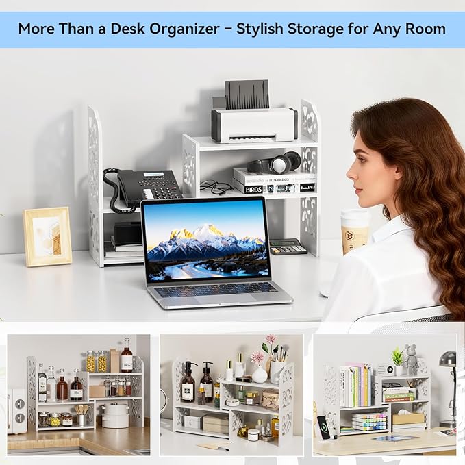 YGYQZ Desk Shelf for Top of Desk - Adjustable Desktop Organizer Shelf, Small Table Top Shelves & Desktop Shelves for Office Organization, Waterproof Bookshelf for Desk & Bathroom, White
