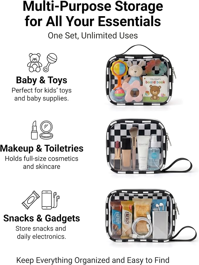 LETGO Checkered Diaper Bag Organizer Pouch Set,TSA Approved Toiletry Bag,Clear Waterproof TPU Makeup Bag Set Travel Organizer Bags for Women and Kids Toiletry Bag Set for Baby and Mom Essentials