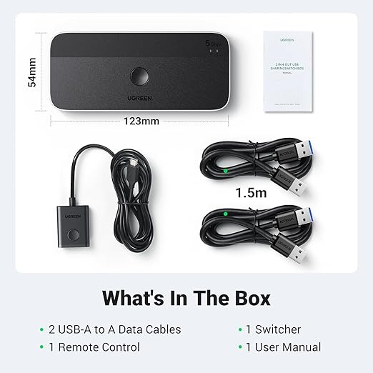 UGREEN USB 3.0 Switch 2 Computers Sharing USB C & A Devices, 4 Port USB Switcher Sharing Keyboard and Mouse, Printer/Scanner USB Switch Hub for Two Computers with 2 USB3.0 Cables and Remote