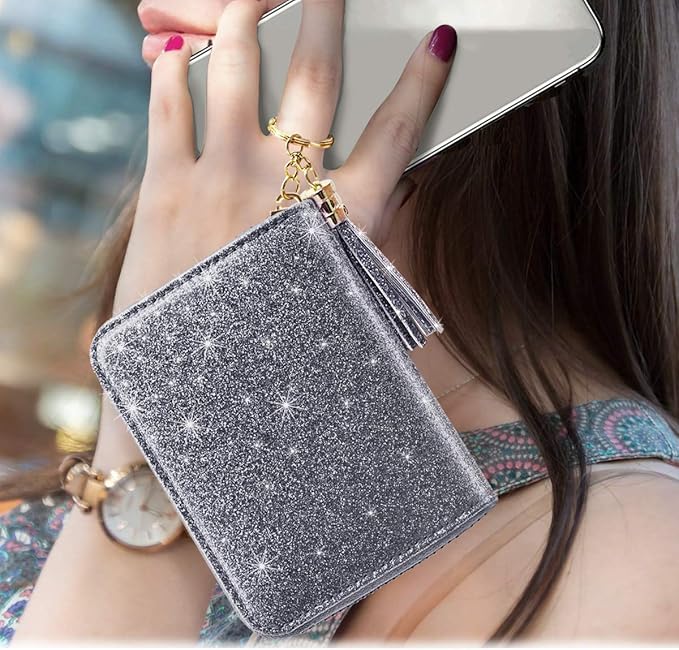 Coco Rossi Women's Small Credit Card Wallet RFID Cute Glitter Card Holder for Women, Grey
