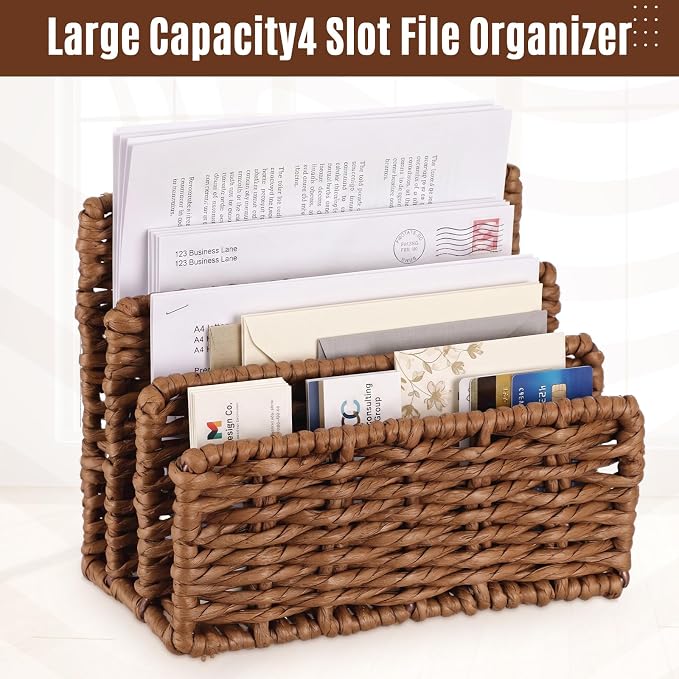 Paper Rattan Mail Organizer for Desk Mail Holder Countertop with 3 Slot Paper Rattan Letter Sorter File Holder Envelope Book Stand Farmhouse Office Desk Organizer and Storage Accessories