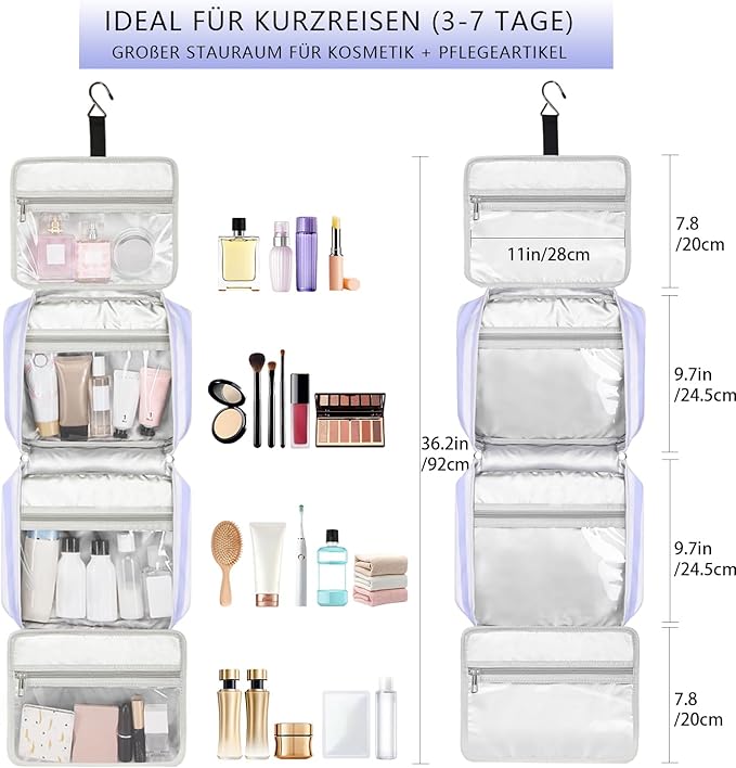 Bosidu Hanging Travel Toiletry Bag,Large Capacity Cosmetic Travel Toiletry Organizer for Women with 4 Compartments & 1 Sturdy Hook,Perfect for Travel/Daily Use/Christmas
