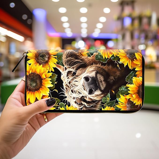 Wallet,Leather Long Wallet Suitable For Ladies And Teenagers - Detachable Wristband + RFID Travel Wallet With Card Slot - Highland Cow Sunflower