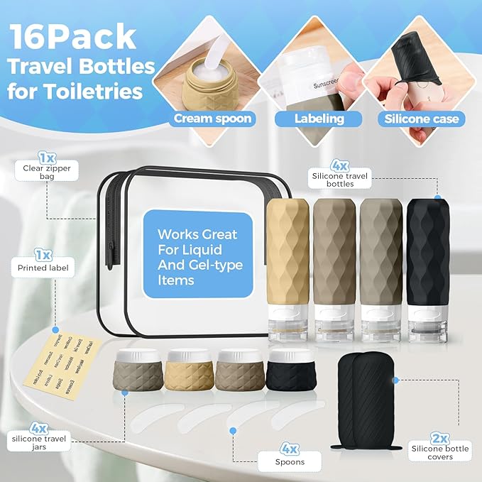 16Pack Travel Bottles for Toiletries, TSA Approved Travel Size Toiletries Containers Set, Silicone Leak Proof Refillable Bottles Elastic Sleeves Creams Jars Accessories Kit W/Clear Bag (Apricot Black)