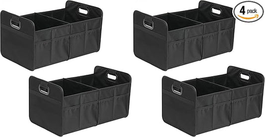 YSSOA Trunk Organizer for Car/SUV/Truck, Collapsible 2 Compartment Automotive Storage Box, 600D Waterproof Oxford Polyester 50L Travel Accessories, Anti-slip & Leak-proof, Black, 4 Pack